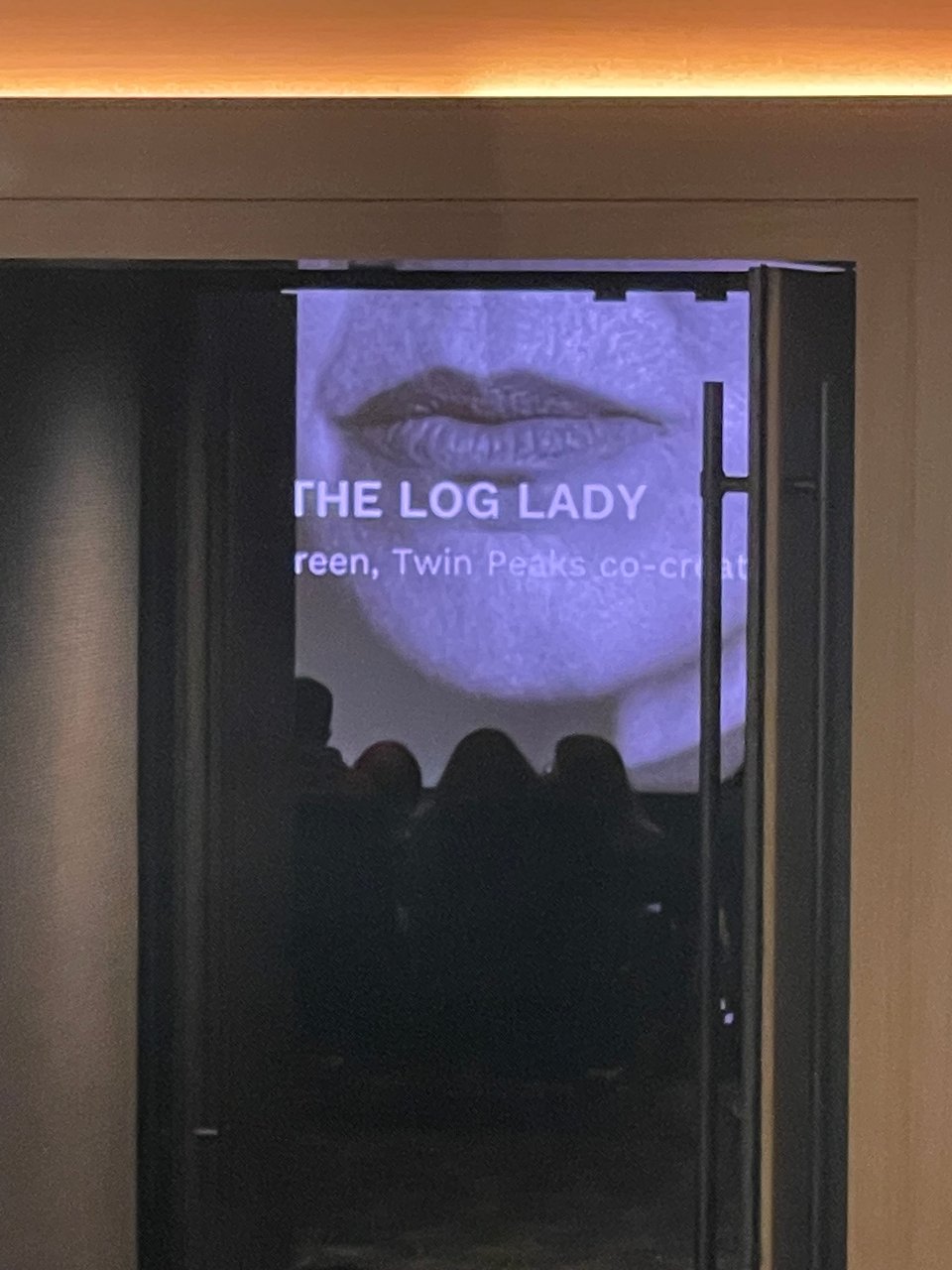 A part of the pre-film image seen through the doors of the lobby. Between the doors, the bottom of a woman's face and the words THE LOG LADY