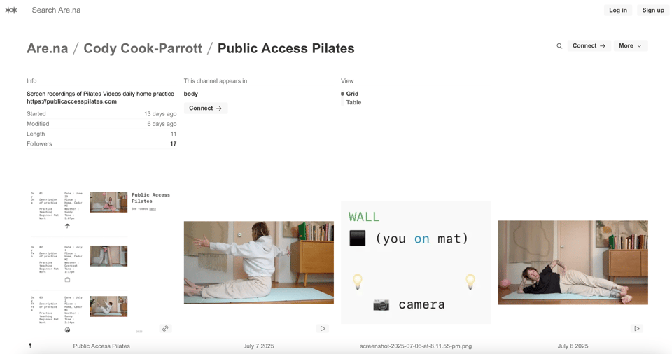 Screenshot of an Arena channel - images of cody doing Pilates