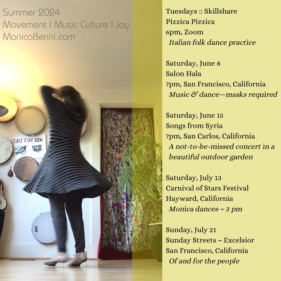 A person spins in front of a ceasefire poster, and text discusses upcoming shows