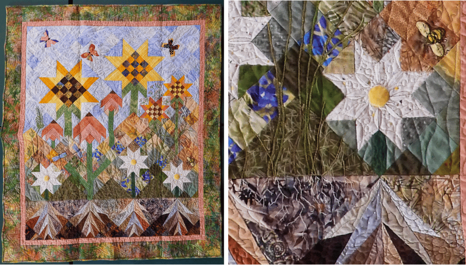 A Slice of the Prairie
Pieced, quilted and designed by Marge Kaufer, Zumbrota, MN
When I imagine the prairie, I see an endless blue sky, a garden of wildflowers and grasses teeming with life, all on a life-sustaining bed of nutrient rich soil.