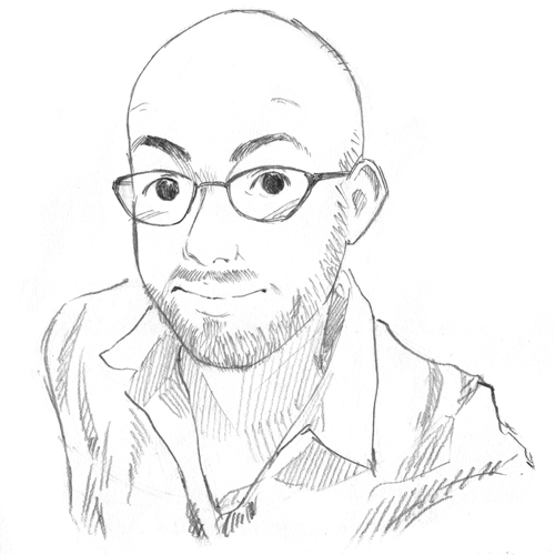 pencil portrait of a bald man with a designer stubble and triangle shaped glasses. We’s wearing a white shirt and is looking directly at the “camera”
