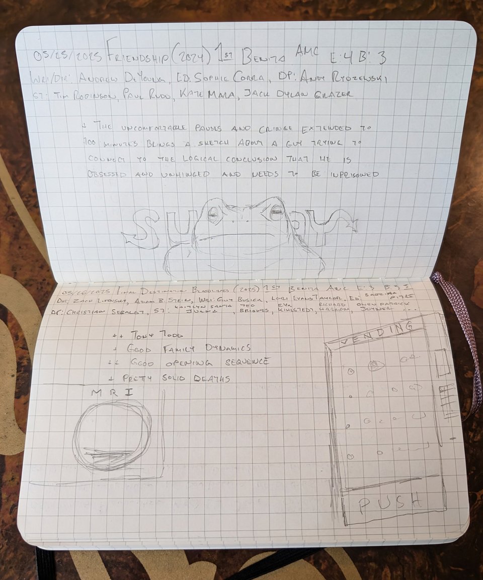 A quad-ruled notebook with handwritten notes/drawings about the movies Friendship, and Final Destination: Bloodlines.