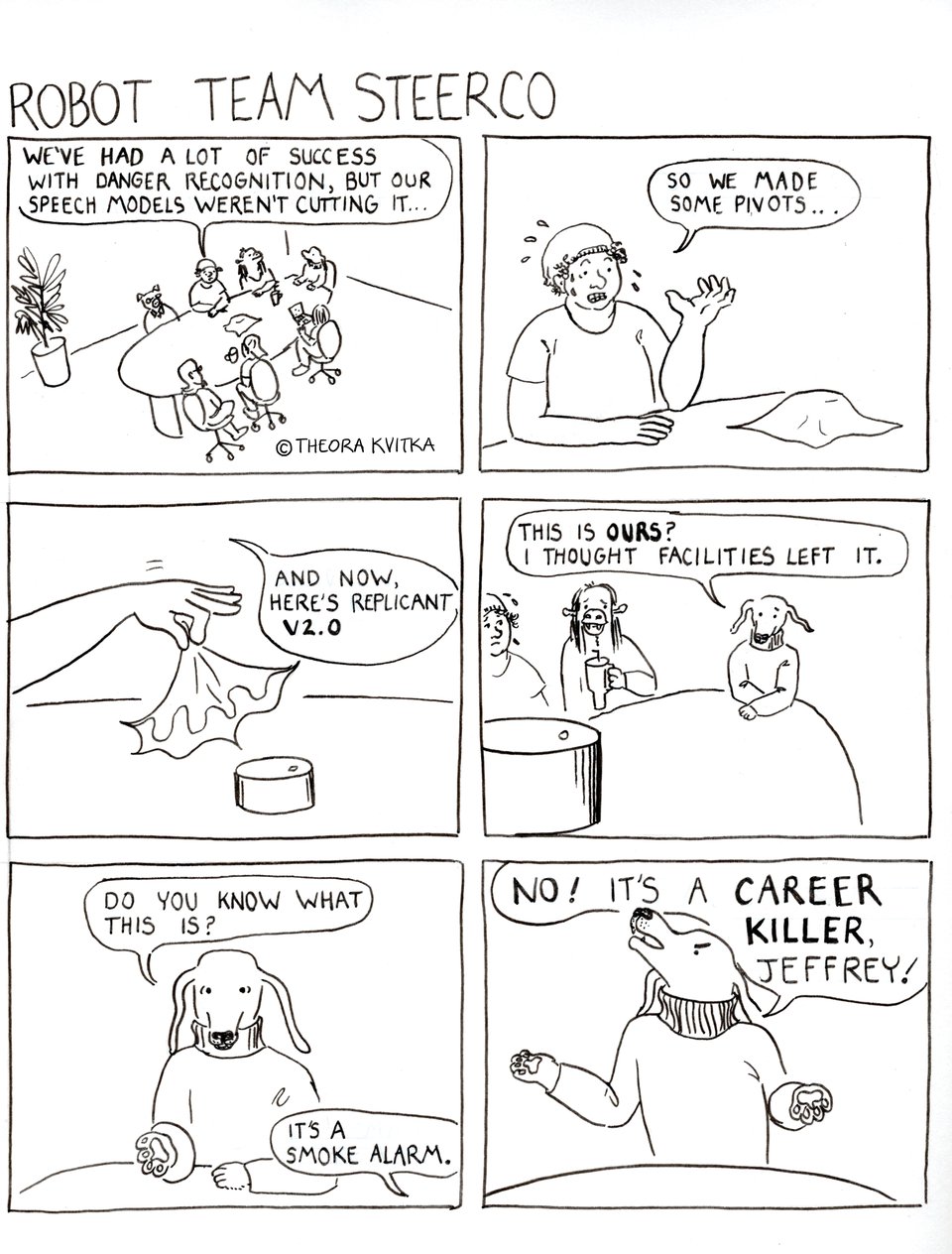 A six-panel cartoon of a nervous tech bro presenting his underwhelming prototype to the boss.