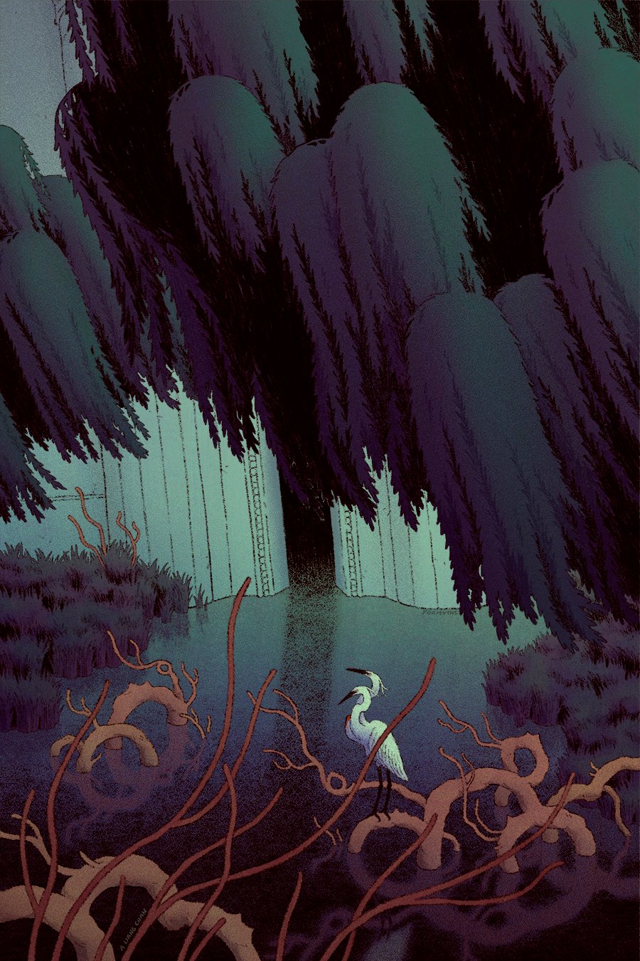 willows hang like curtains over a once-grand white hall, now sinking into still dark water, grasses growing by its edges. below, a white egret-like bird, 2 heads alert and a 3rd missing from a bleeding neck, perches on twisting orange growths arching from the water.