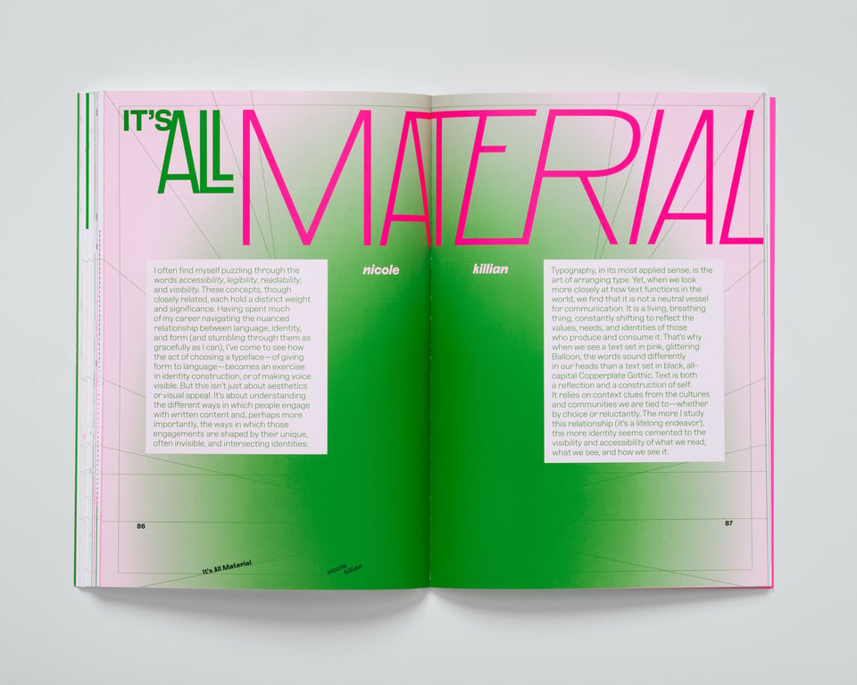 Interior spread of the essay It’s All Material by nicole killian from the book Identity Is Variable