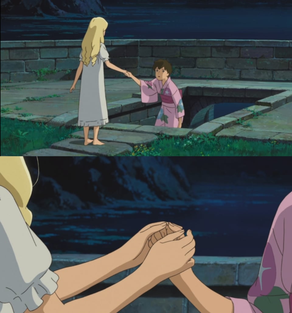 A collage of two screencaps. In the first, Marnie takes Anna's hand. The second is a closeup of their entwined hands.