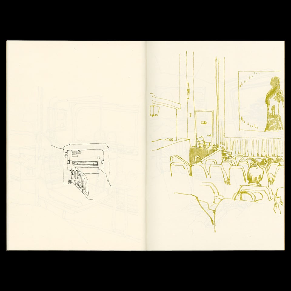 sketches: a partly drawn riso duplicator, the interior of a theater