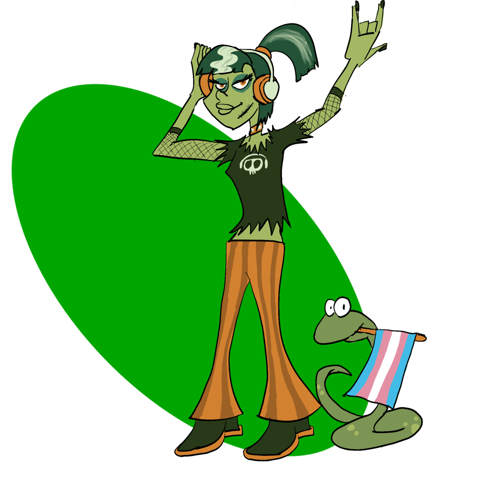 Carmella Creeper, a green skinned goth girl thing with a skull t shirt, striped black hair, striped pants, headphones, giant soled shoes, and fishnet sleeves who is clearly trans, and her green snake, who is holding a small trans pride flag in their mouth