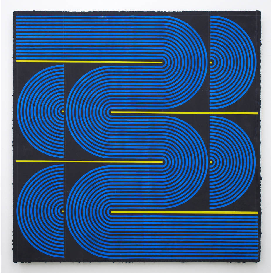 A work of art made of groups of perhaps 10 thin blue lines that move snake down the page horizontally, going straight across then turning 180 degrees. It looks very geometric and bold. The background is black, and there are three yellow horizontal lines.