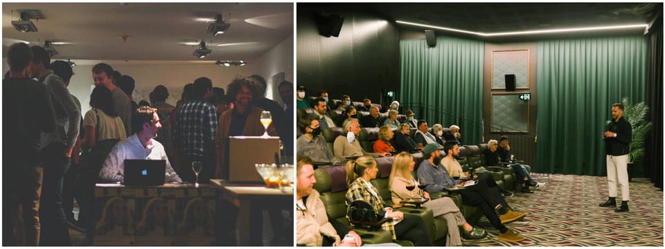 In the left third an image of Harry sat at a desk at the entrance of chambers gallery with a laptop surrounded by people mingling in the background. On the right two thirds Harry stands in front of a cinema full of people.