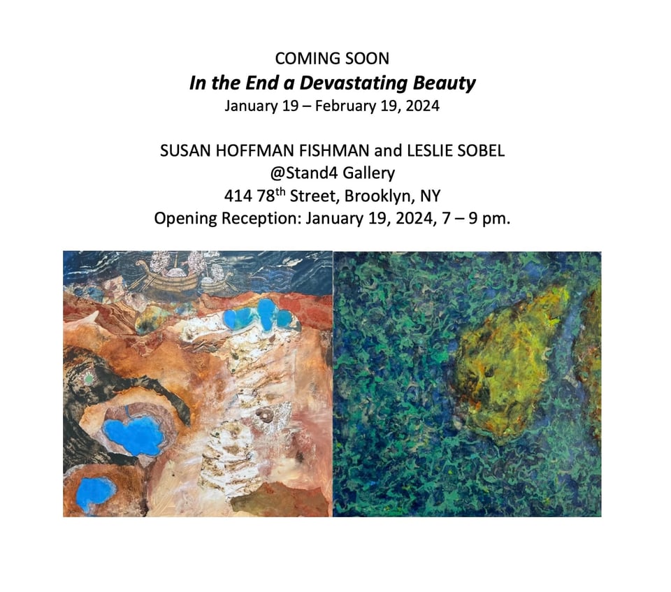 Image contains show information for show at Stand4 Gallery at 414 78th St in Brooklyn NY. Opening reception January 19 7-9pm. And two images of artwork by the artists - both aerials.