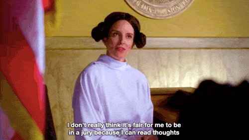 Liz Lemon 30 Rock dressed as Princess Leia saying "I don't really think it's fair for me to be in a jury because I can read thoughts"