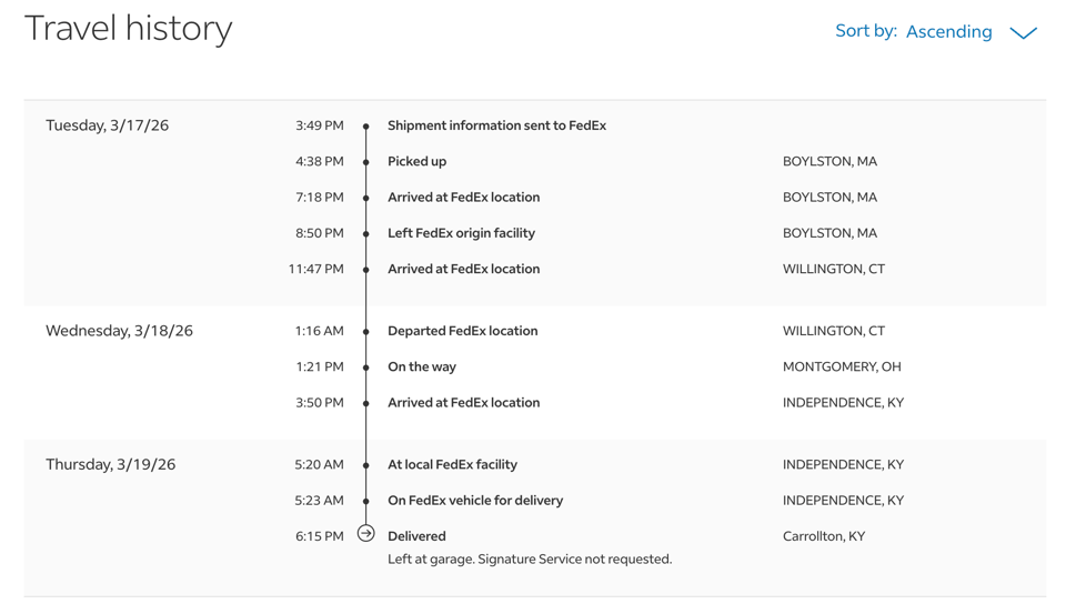 Screenshot of package journey from MA to KY