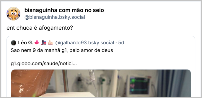 Post de bisnaguinha com mão no seio (‪@bisnaguinha.bsky.social‬) com o texto: ent chuca é afogamento?