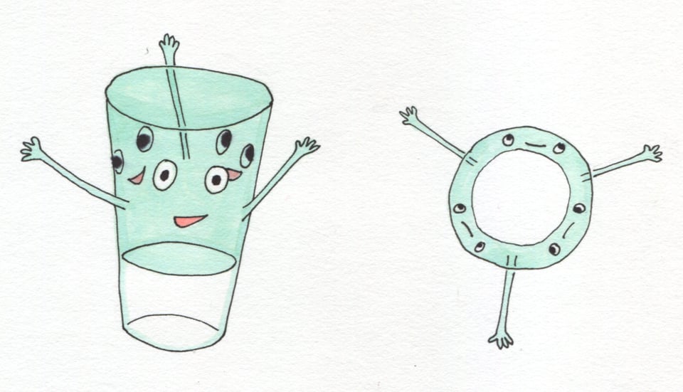 Lateral (from the side) and dorsal (top-down) views of a radially symmetrical glass-of-milk organism. It is a bluish glass, about one-third full of milk. It is triradially symmetric, with three arms and three faces. Each face has two eyes and a mouth.