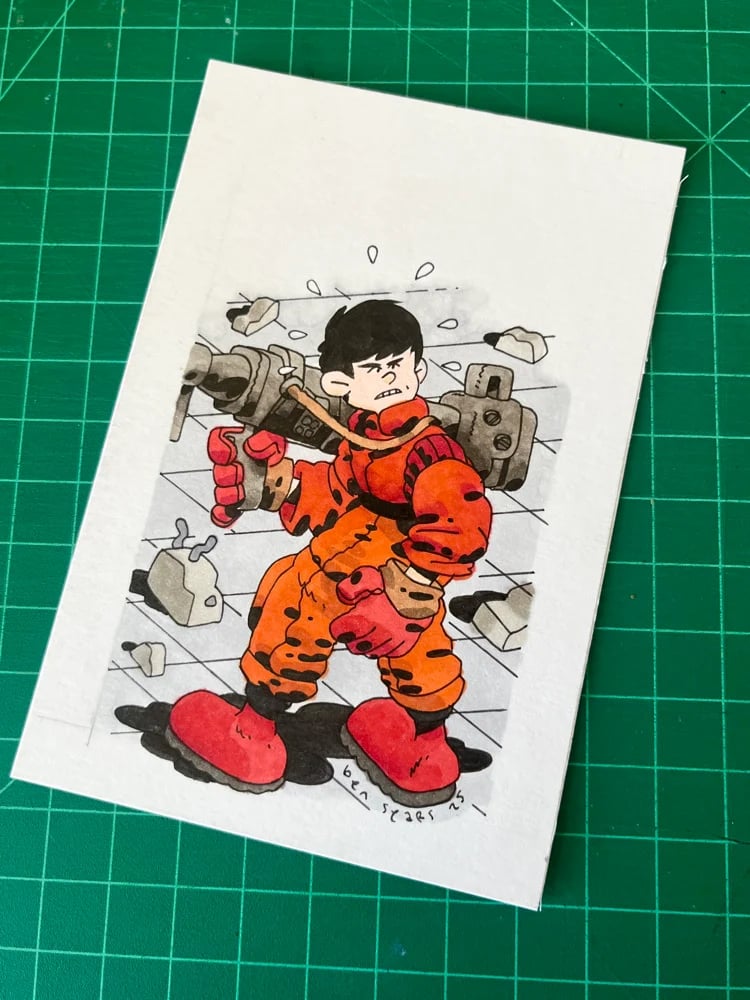 ink and marker drawing of Kaneda from Akira. He's holding his big gun and looking over his shoulder at something alarming. 
