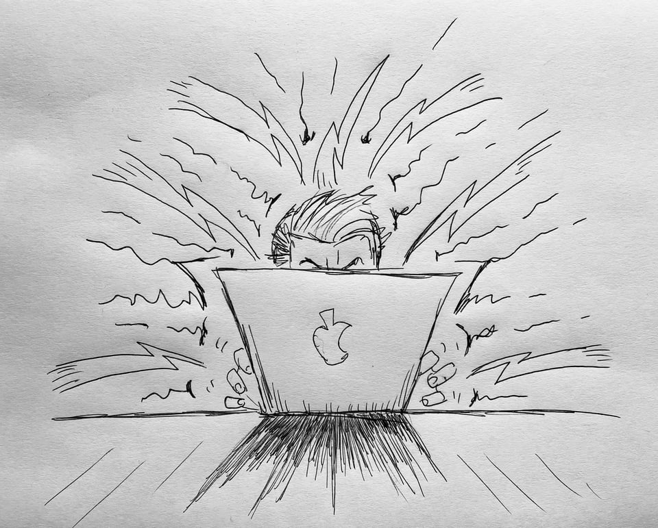 Rough sketch of a person hunched over a laptop, typing furiously. Energy springs from them and at them