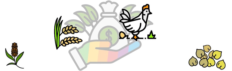 Graphic illustration of a rainbow hand holding a bag of money, symbolised by a dollar sign, from which are sprouting green leaves. In front of it are stylised representations of pearl millet, rice, chicken and chickpeas