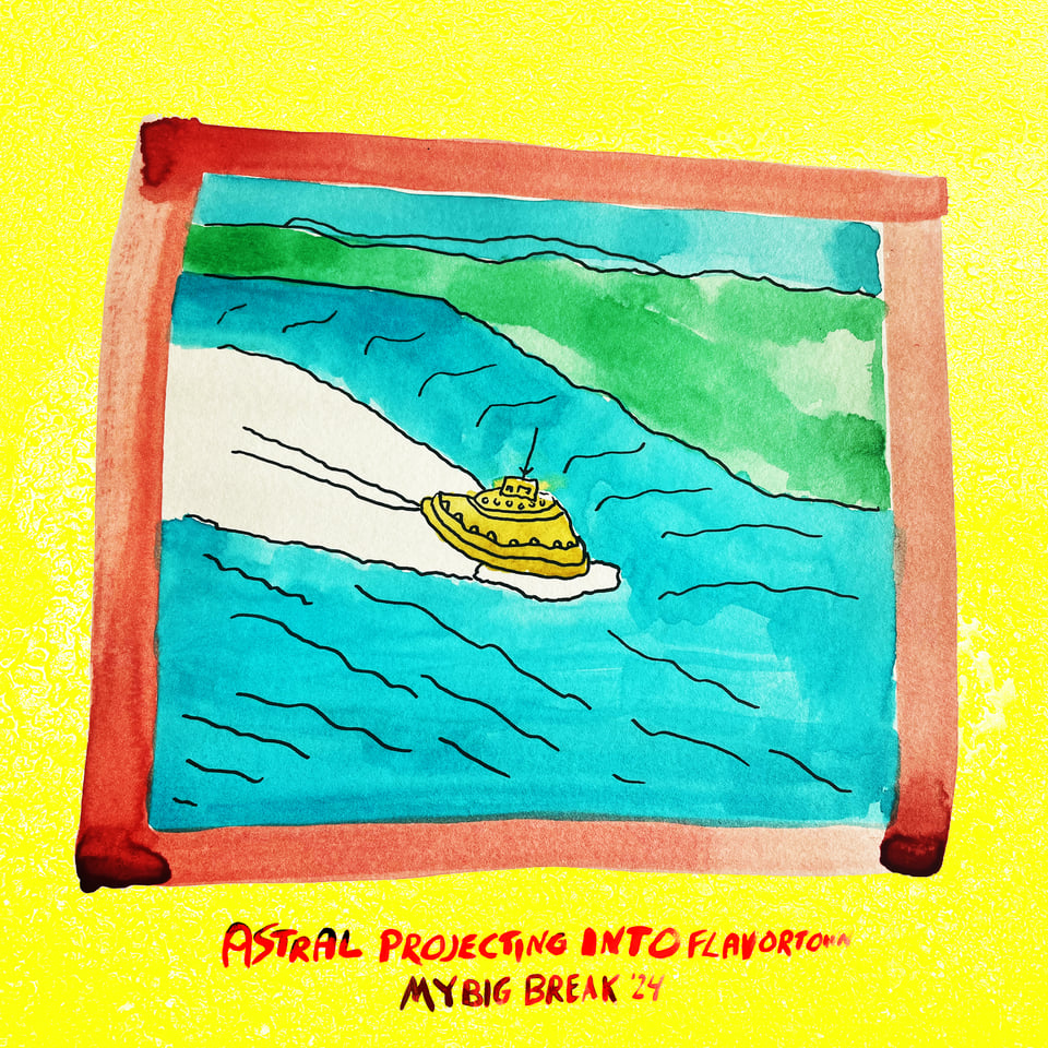 a crude watercolor painting of a tugboat tooting down the Hudson River in an orange frame with a yellow background. text at the bottom: astral projecting into flavortown, my big break '24