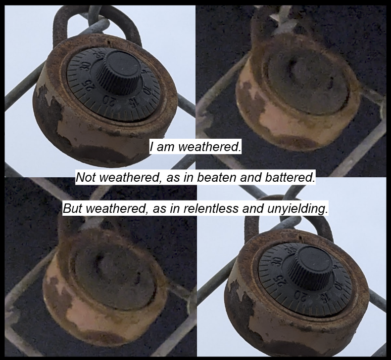 A collage of a rusted lock on a fence. The upper left and lower right taken in the morning. The upper right and lower left taken in the evening.