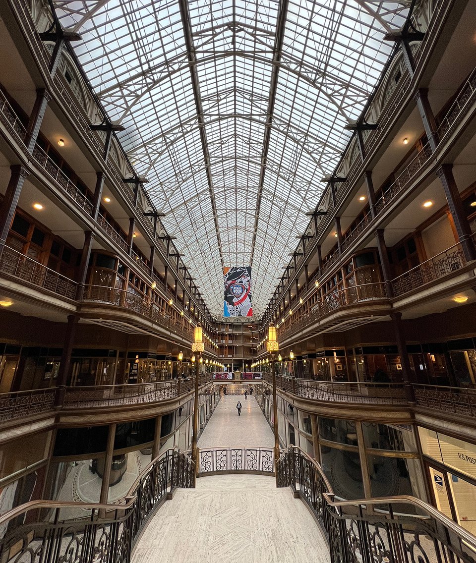 The atrium of a historic shopping arcade.