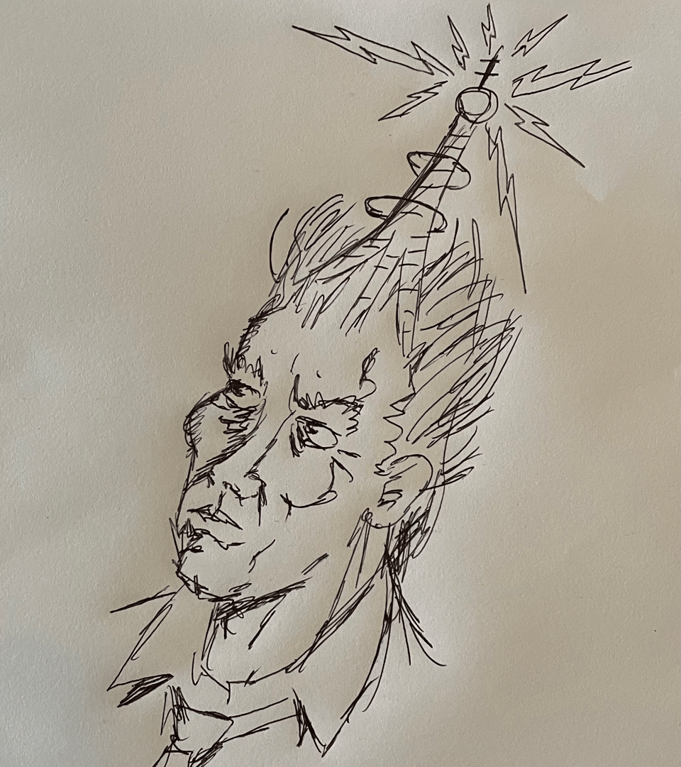 A thoughtful man with an old radio tower on his head