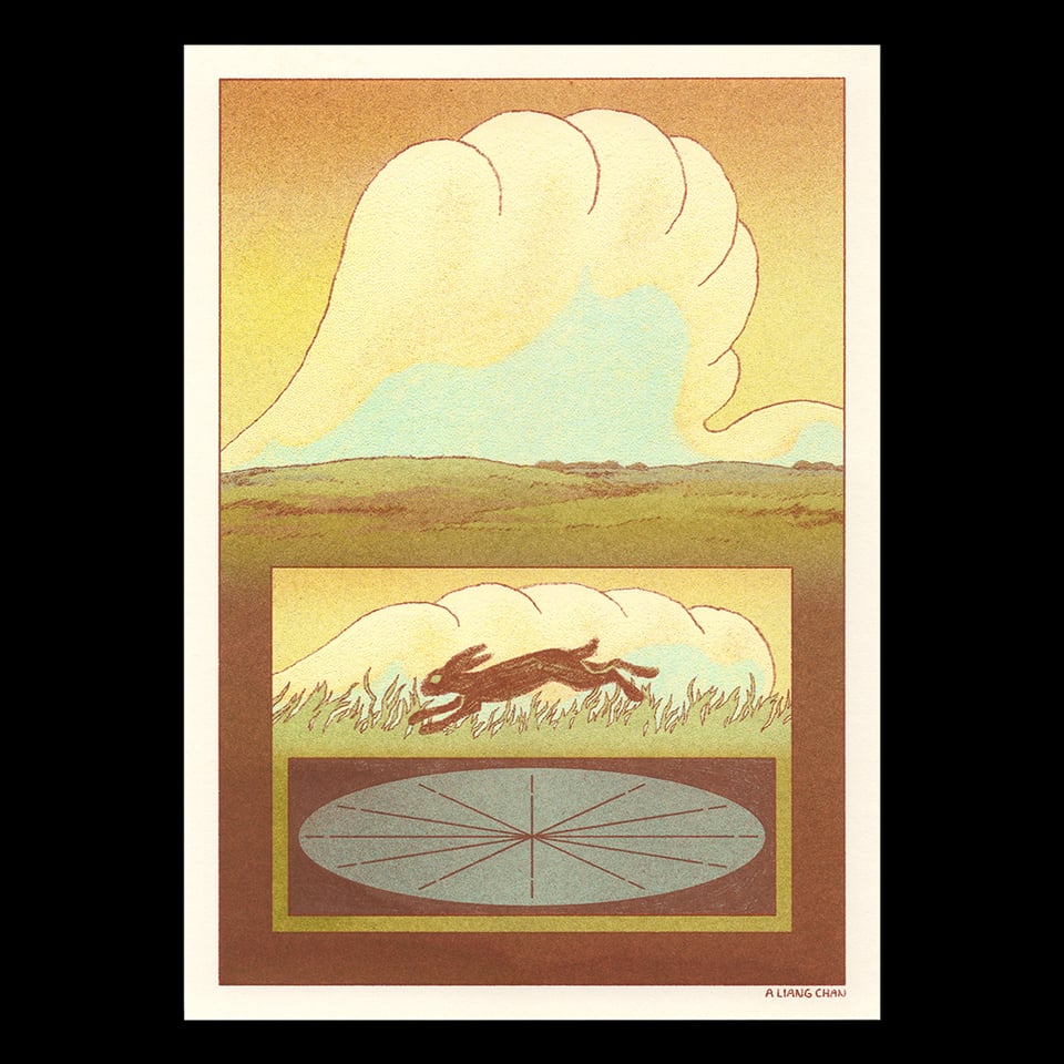 a riso print: a towering cloud in an ochre yellow sky, grasslands stretching below. an inset panel: a rabbit leaping through grass, in front of a smaller version of the cloud. another panel within: an oval divided into 12 sections like a clock.
