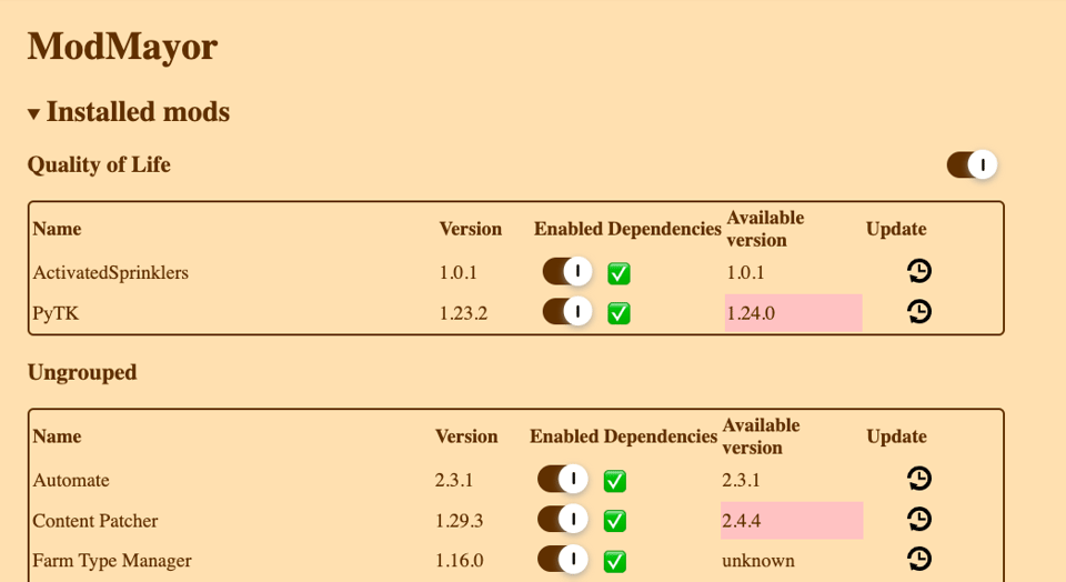 A screenshot of ModMayor listing a bunch of installed Stardew Valley mods, showing their name, version, status, and if they are up to date or not