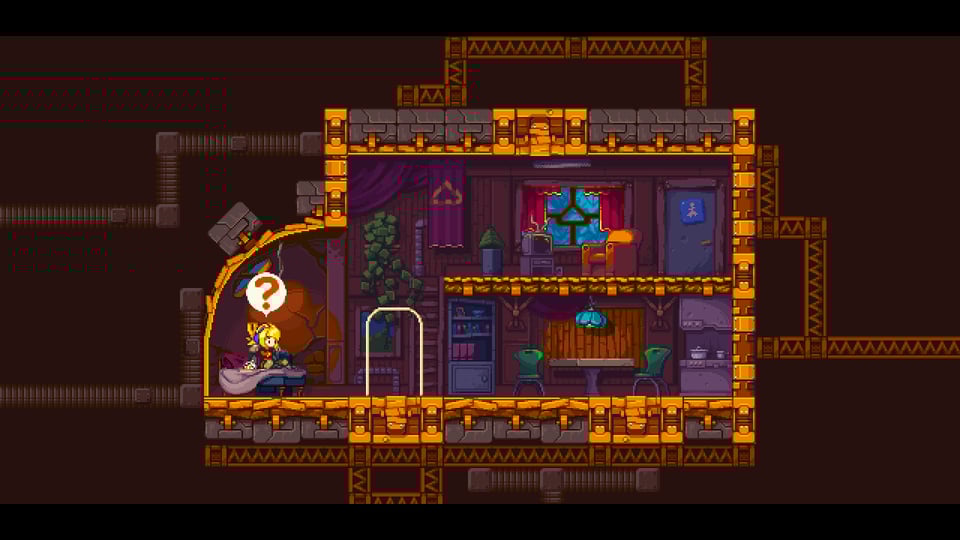 A screenshot from ‘Iconoclasts,’ featuring protagonist Robin waking up in her home, confused.