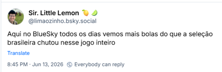Post de Sir. Little Lemon 🍋🍋‍🟩 (‪@limaozinho.bsky.social‬): Aqui no BlueSky todos os dias vemos mais bolas do que a seleção brasileira chutou nesse jogo inteiro