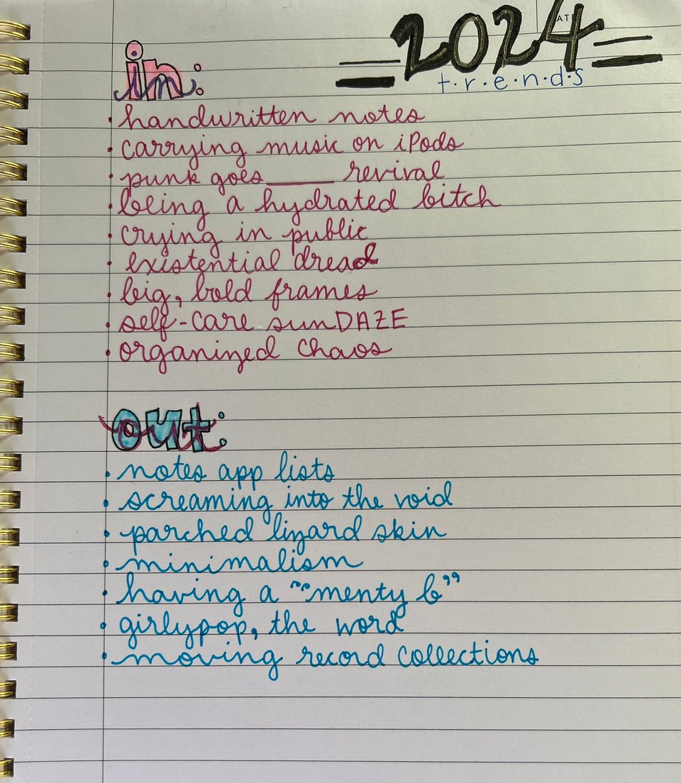 A handwritten list talking about ins and outs of 2024. IN: Handwritten notes Carrying music on iPods Punk goes _____ revival Being a hydrated bitch Crying in public Existential dread Big, bold frames Self-care sunDAZE Organized chaos OUT: Notes app lists Screaming into the void Parched lizard skin Minimalism Having a “menty b” Girlypop, the word Moving record collections