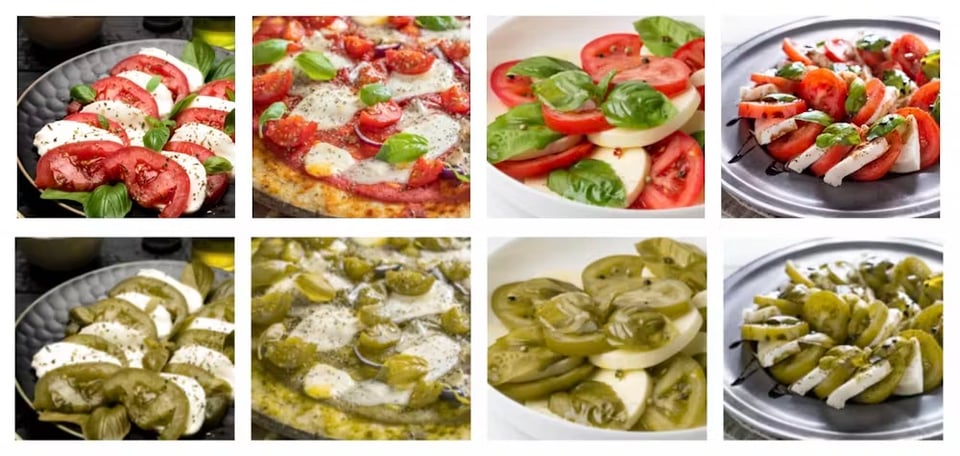 Example of a test trial to measure food recognition ability: Above, the dishes in colour, below simulating the most common form of colour blindness. The second image, the pizza, is the odd one out, its crust more obvious with normal colour.