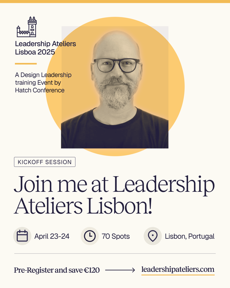 A portrait of Andy Polaine in a yellow circle. It is a promo image for the Leadership Atelier described below.
