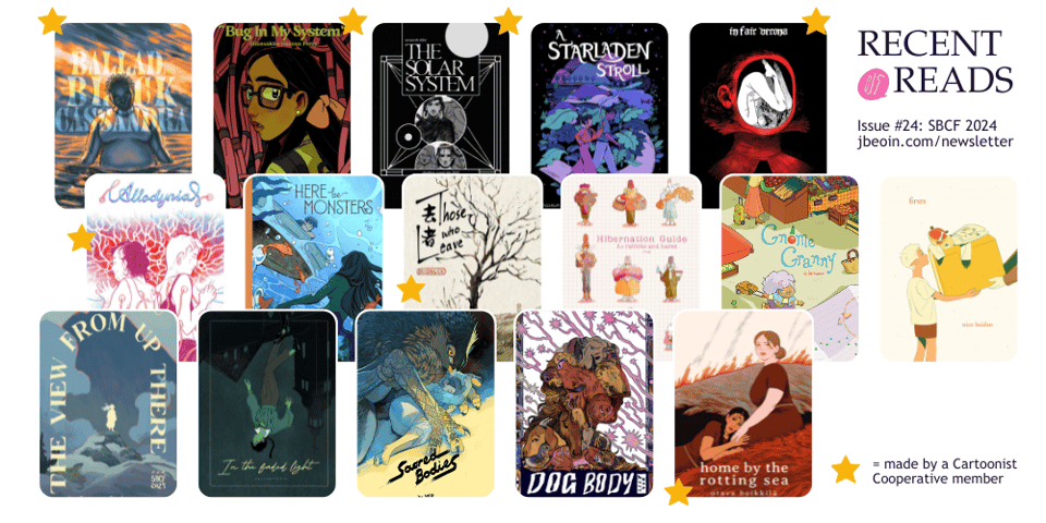 Graphic showing the covers of the comics Jessi picked up at the 2024 ShortBox Comics Fair: Ballad for Black Cassandra; Bug in My System; The Solar System; A Starladen Stroll; In Fair Verona; Allodynia; Here Be Monsters; Those Who Leave; Hibernation Guide for Rabbits and Hares; Gnome Granny; Firsts; The View from Up There; In the Faded Light; Sacred Bodies; Dog Body; and Home by the Rotting Sea.