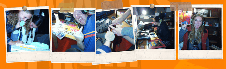 A series of polaroid instant photos of people playing music in a make-shift pirate radio station