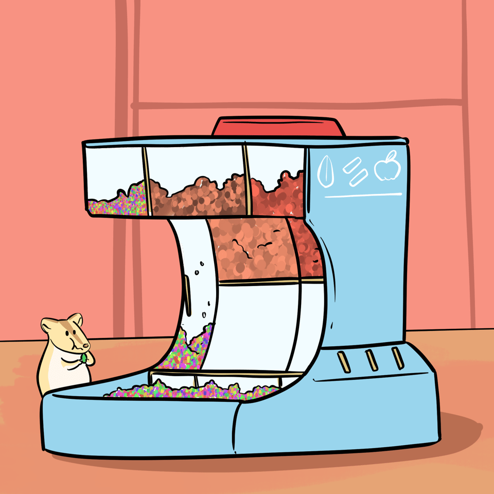 A gerbil is hapily munching on a seed while looking at the Ferbil feeding station which contains all sorts of nice food for the gerbil to eat.