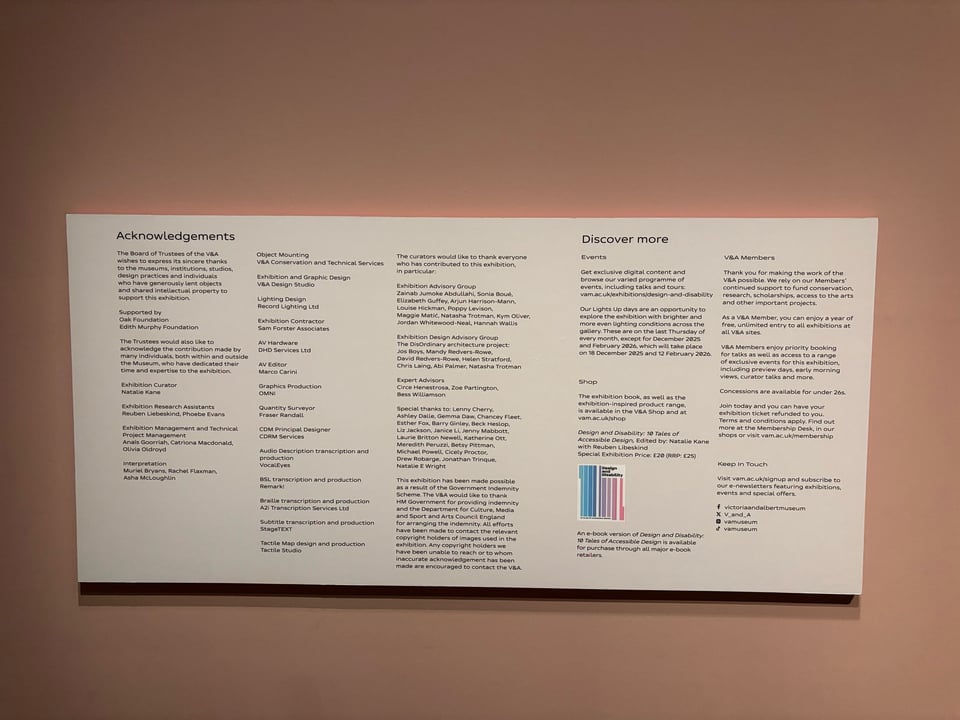 An acknowledgments panel at the V&A Museum. Buried in the acknowledgments is Meredith's name.
