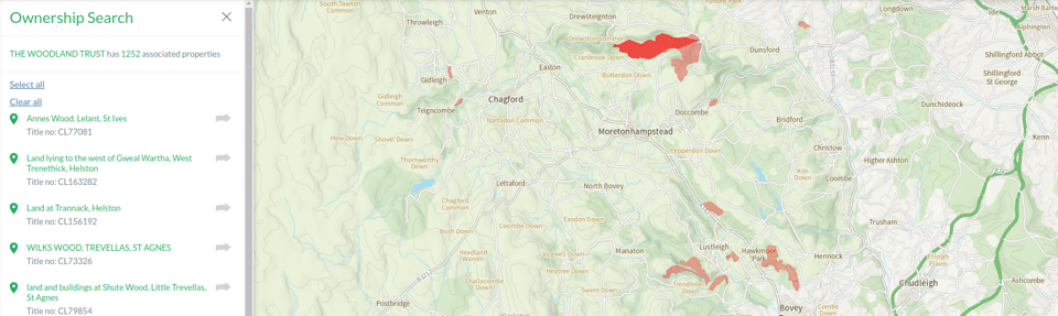 A screenshot using LandExplorer to find woodland owned by the Woodlands Trust.
