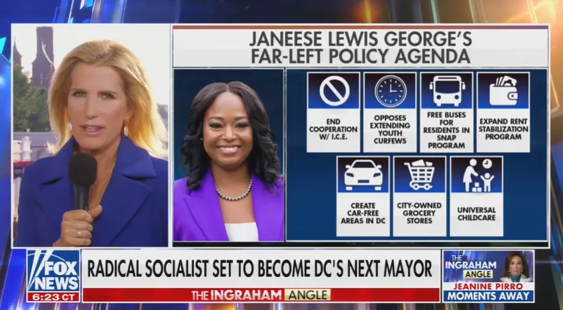 Screenshot of Fox News scare coverage of DC's to be Mayor. Highlighting she wants to stop over policing, provide free busses for those on SNAP, expand rent stabilization, open city owned grocery stores, provide childcare, and make some areas car free zones.