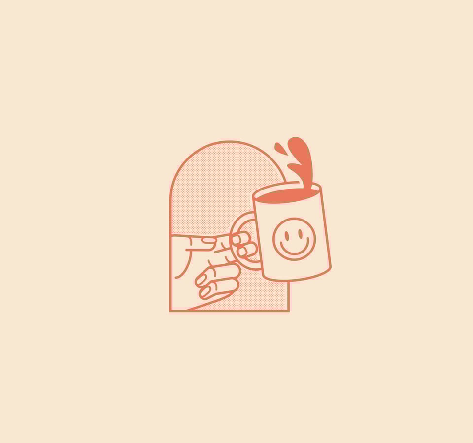 illustration of hand holding mug of coffee with a smiley face on it