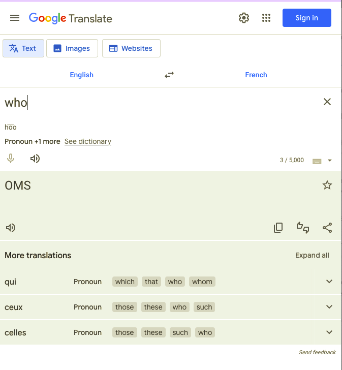 Image of Google Translate showing "who" translated as "OMS"
