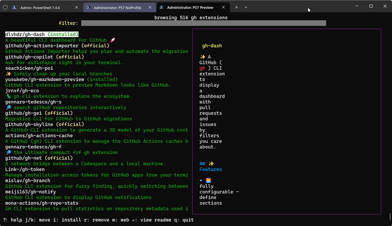 Browsing gh extensions