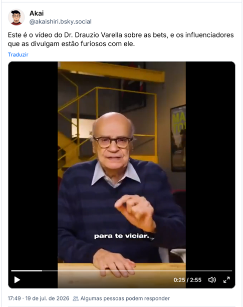 Post de Akai (@akaishiri.bsky.social): Este é o vídeo do Dr. Drauzio Varella sobre as bets, e os influenciadores que as divulgam estão furiosos com ele. (Vídeo do Dr. Drauzio Varella chamando os influenciadores à responsabilidade pela divulgação de sites de aposta que viciam e acabam com a vida de muitos brasileiros)