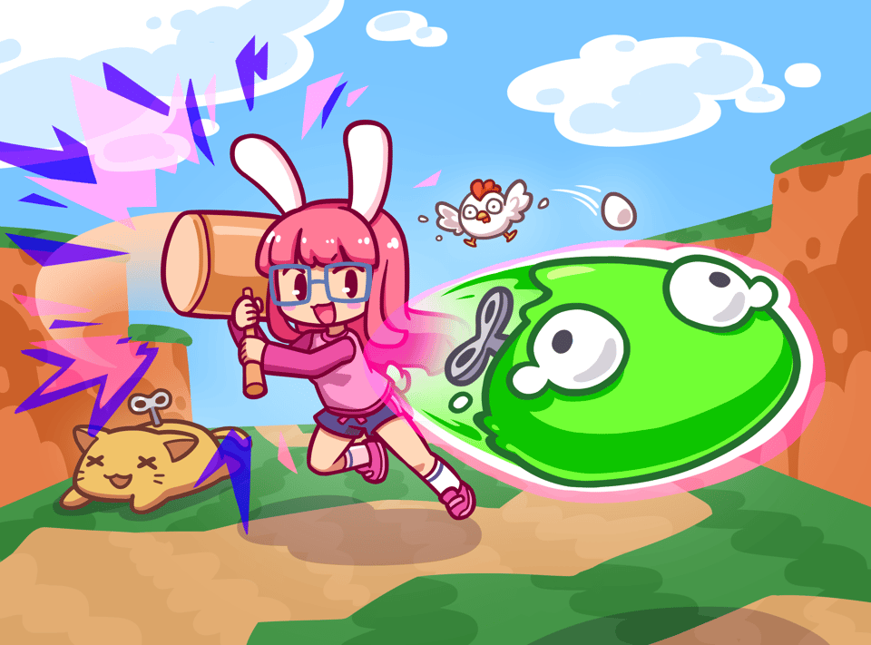 A pink cartoon bunny girl uses her hammer to hit a slime into the foreground