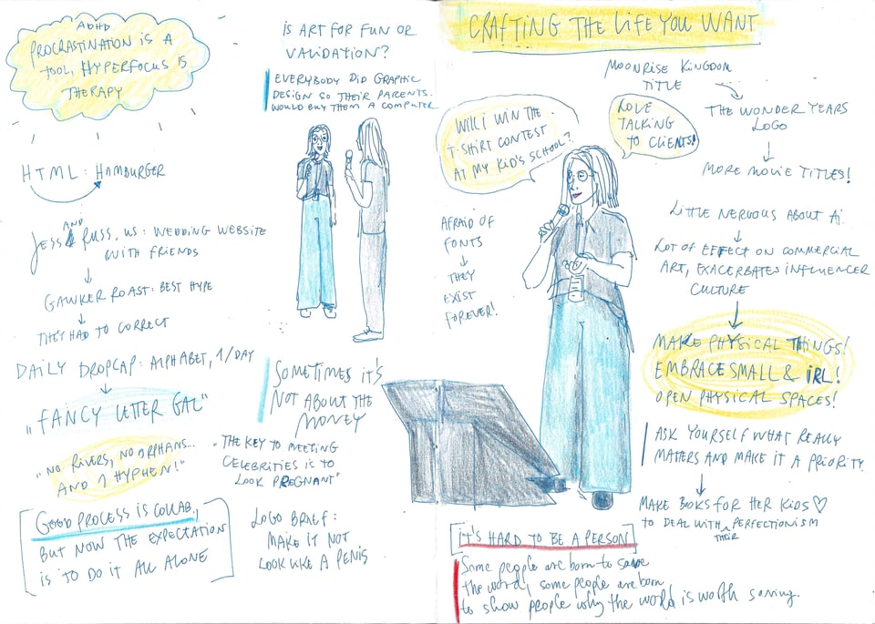 Live sketchnotes of the conference talk Jessica Hische: Crafting the life you want, at Beyond Tellerrand Berlin 2024. Pen and colored pencil on paper, by Julia Racsko