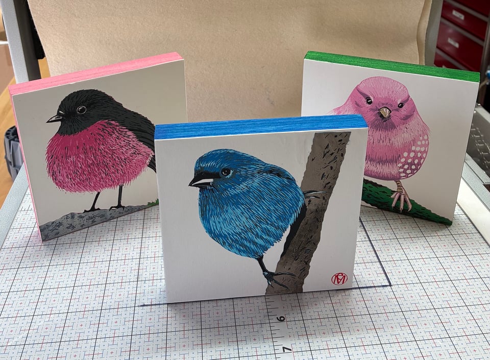 Three blocks are shown, each with a fat colored bird linoleum blockprint. The sides of the blocks are painted to go with the image on the front. One bird is pink, one is blue, and one is pink and grey.