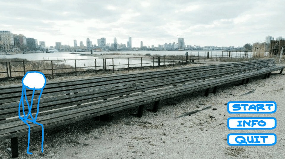 A screenshot from the game Benches. A stick figure person sits on an improbably long bench with the Rotterdam skyline in the background.