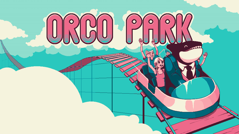 An Orca in tuxedo and a bunch of kids are enthusiastically riding a rollercoaster wagon. One of the kids has a cube head. The rails of the rollercoaster are weaving among clouds. At the top, a title: Orco Park.