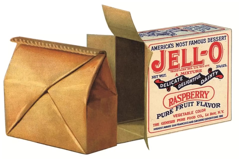 an old ad for jell-o, showing the packaging, open, containing a bag.
