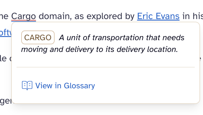 Contextive highlighting the word “Cargo” and the summary hover panel showing the definition.